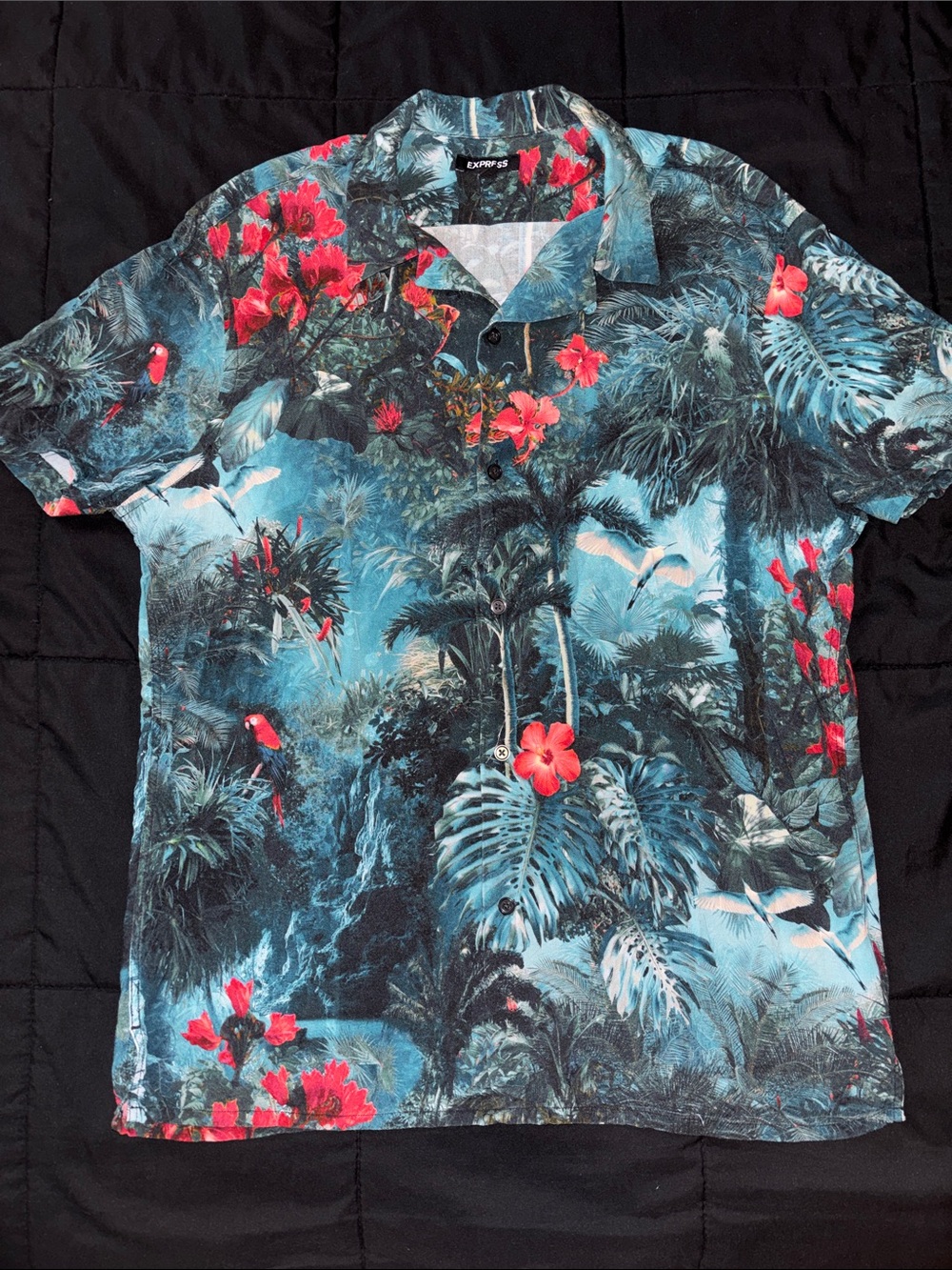 Men’s Express Tropical Paradise Short Sleeve Shirt - Blue with Red Accents